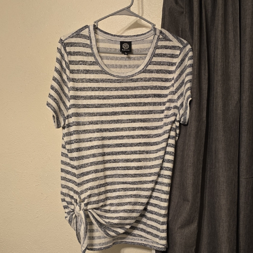 bobeau Navy and White Striped Short Sleeve Knot Tee